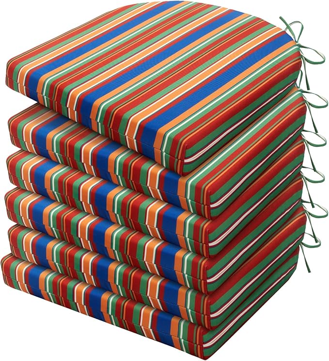 HARBOREST Outdoor Chair Cushions Set of 6, Water Resistant Patio Chair Cushions with Ties, Outdoor Seat Cushions for Patio Furniture, 17"x16"x2", Rainbow Stripes