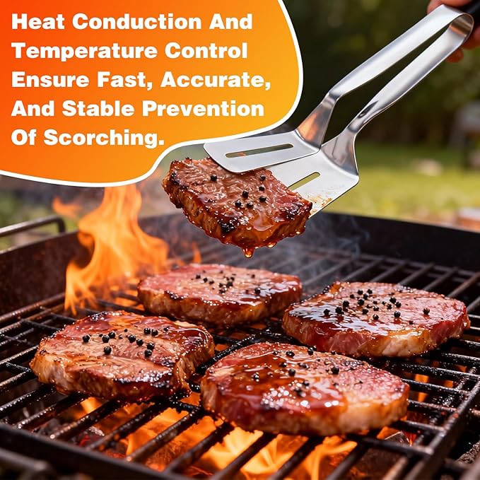 Stainless Steel Grill Clamp, 2PCS Grill Clamp Spatula, Anti-Scald Extended Handle Spatula Tong, 2026 New Multi-Functional Stainless Steel Barbecue Clamp Food for Flipping Steak Fish Bread BBQ
