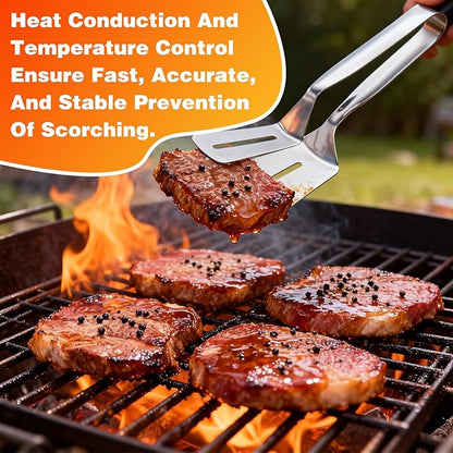 Stainless Steel Grill Clamp, 2PCS Grill Clamp Spatula, Anti-Scald Extended Handle Spatula Tong, 2026 New Multi-Functional Stainless Steel Barbecue Clamp Food for Flipping Steak Fish Bread BBQ
