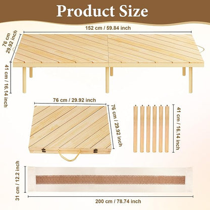 Folding Picnic Table with Boho Table Runner 60" x 30" Wooden Low Table, Portable for Indoor Outdoor Use Ideal for Camping Beach Weddings Garden Parties (Seats 6)