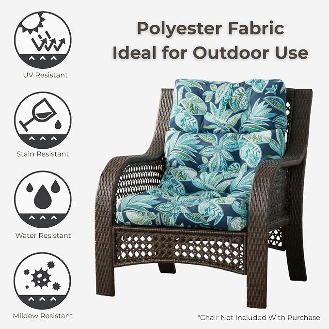 Outdoor Tufted High-Back Chair Cushions, One-Piece Hinged Seat and Back Design, Reversible with 4 Ties, Durable Polyester Fabric, Recycled Fiber Fill - Single, Botanical Crestwood