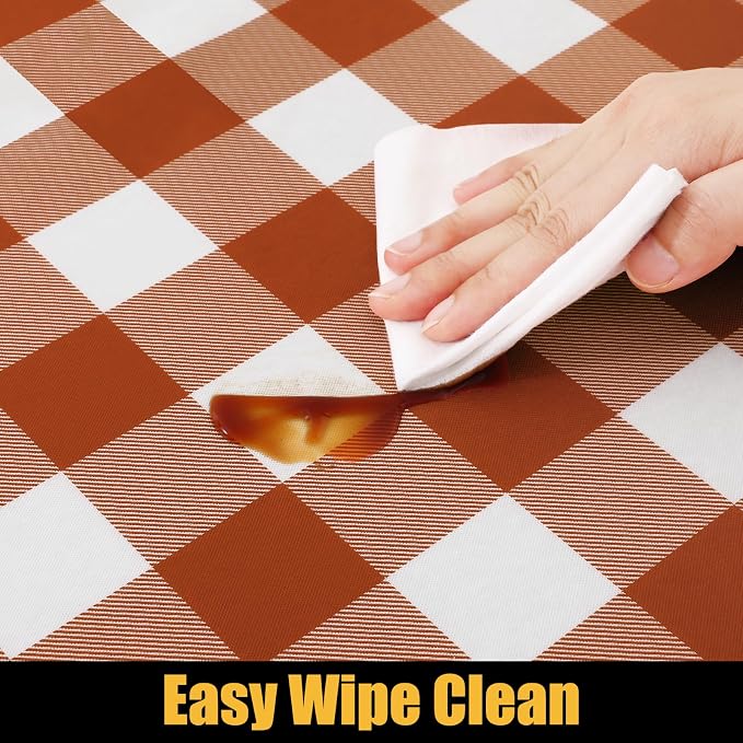 Smiry Rectangle Picnic Table Cloth, Elastic Waterproof Fitted Vinyl Tablecloths, Flannel Backed Buffalo Plaid Table Covers for Dining, Camping, Outdoor, Thanksgiving (White and Rust, 30" x 48")