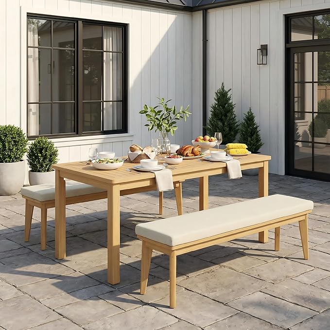 Wisteria Lane 3 Pieces Acacia Patio Dining Set for 4, Patio Dining Table and Chairs Set with Cushion, Modern Outdoor Dining Furniture Set for Lawn Backyard Garden Deck, Beige