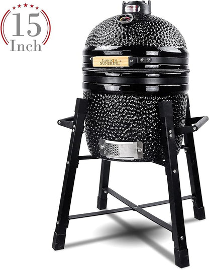 London Sunshine Ceramic Kamado Charcoal BBQ Grill and Smoker, Stainless Steel Grates -15" Ceramic with Tall Stand (BLACK)