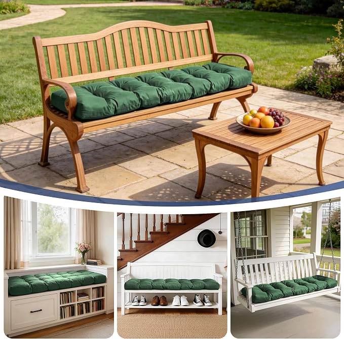 IASEAHK Outdoor Bench Cushion 48x18x5 Inch, Waterproof & Fade-Resistant Patio Furniture Cushions, Tufted Memory Foam Indoor/Outdoor Cushions for Couch Swing with Non-Slip Backing&Straps, Forest Green