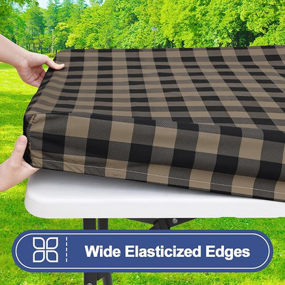 Smiry Picnic Table Cloth 2 Pack, Waterproof Elastic Fitted Tablecloths for 6FT Rectangle Tables, Washable Polyester Buffalo Plaid Tablecloth for Camping & Outdoor (Black & Khaki, 30" x 72")