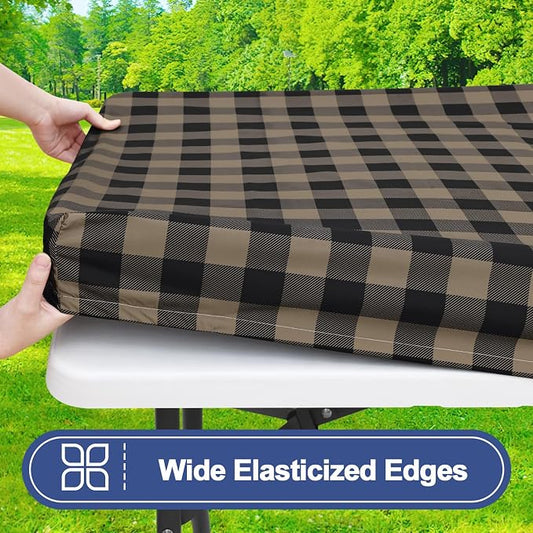 Smiry Picnic Table Cloth 2 Pack, Waterproof Elastic Fitted Tablecloths for 6FT Rectangle Tables, Washable Polyester Buffalo Plaid Tablecloth for Camping & Outdoor (Black & Khaki, 30" x 72")