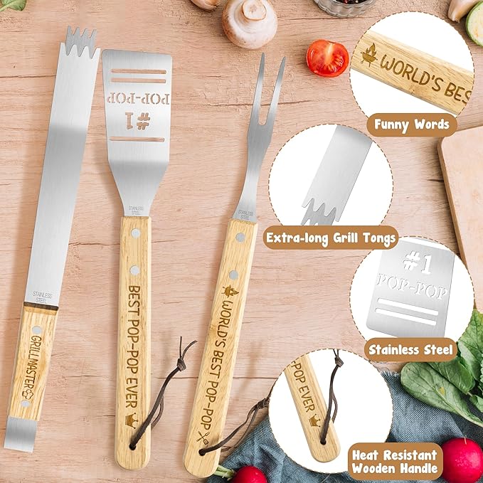 Haooryx Grandpa BBQ Grill Tool Accessory Set - 3Pcs Best Pop-Pop Ever Stainless Steel Grilling Tong Fork Spatula Grillmaster Grandpa Birthday Present Outdoor Housewarming Camping Holiday Party Supply