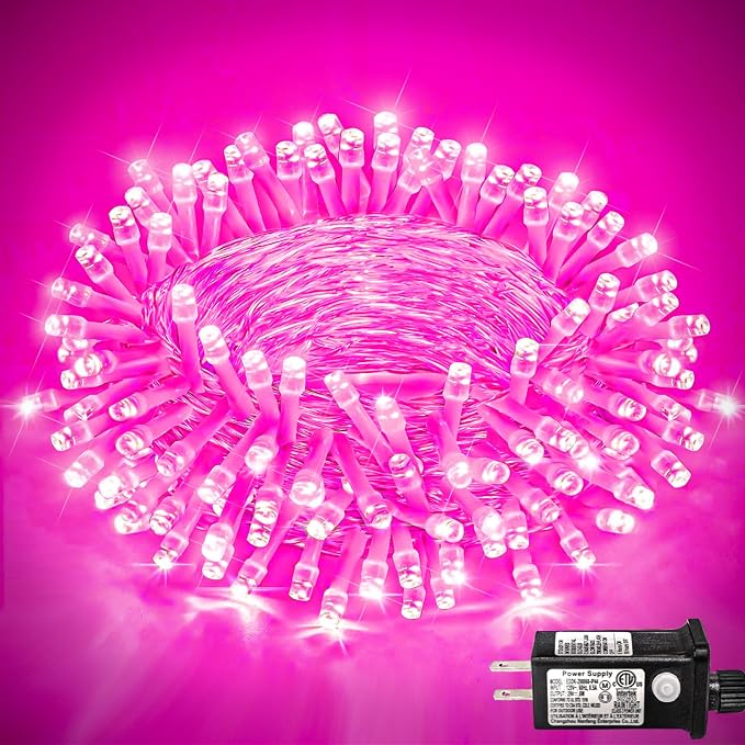 120 LED Outdoor String Lights, 40FT Christmas String Lights Indoor, Pink | Plug in Waterproof 8 Modes Clear Wire Twinkle Fairy Lights for Bedroom Outside Patio Yard Xmas Party Wedding Decorations