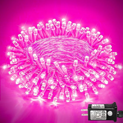 120 LED Outdoor String Lights, 40FT Christmas String Lights Indoor, Pink | Plug in Waterproof 8 Modes Clear Wire Twinkle Fairy Lights for Bedroom Outside Patio Yard Xmas Party Wedding Decorations