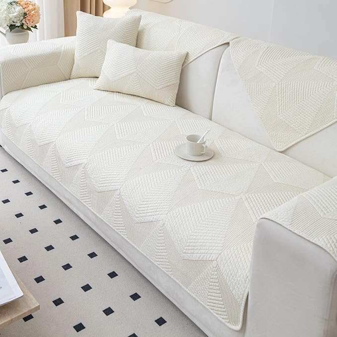 vctops Cotton Quilted Couch Covers for Sectional Sofa (Cream,28"x59") | Geometric Washable Non Slip Sofa Slipcover for Dogs, Children, Pets Furniture Protector Cover