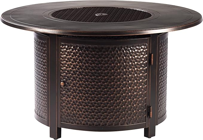 Oakland Living Aluminum 44 in. Round Fire Table Set Four Deep Seating Swivel Rockers, Fire Beads, Lid and Fabric Covers