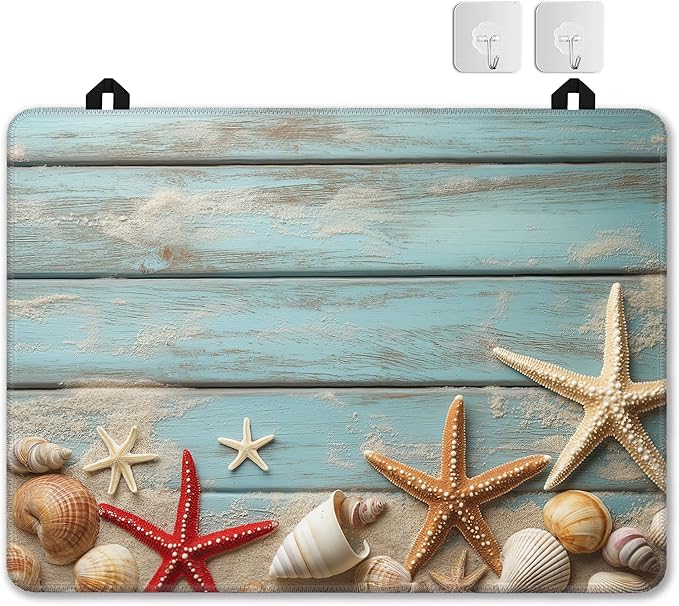 Electric Stove Top Cover,Beach Starfish Stove Cover for Glass Top Electric Stove,Blue Wood Board Seashells Heat Resistant Flat Top Stove Mat Countertop Protector, 28 x 20 Inch