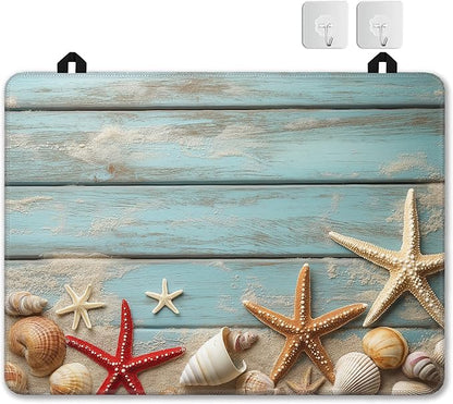 Electric Stove Top Cover,Beach Starfish Stove Cover for Glass Top Electric Stove,Blue Wood Board Seashells Heat Resistant Flat Top Stove Mat Countertop Protector, 28 x 20 Inch
