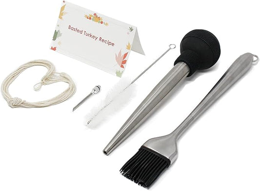 Stainless Steel Turkey Baster Set with Flavor Injector, Barbecue Basting Brush, Cleaning Brush,cooking twine, DIY turkey tools