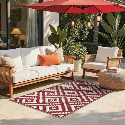 GENIMO Outdoor Rug 3'x5' Waterproof for Porch, Plastic Door Mat Ruby White | Outside Modern Carpet for Patio Decor, Balcony, Deck, Backyard, Picnic, Camping, RV, Reversible, Foldable, Lightweight