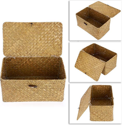 Hipiwe Wicker Shelf Baskets Bin with Lid, Handwoven Seagrass Basket Storage Bins Rectangular Household Basket Boxes for Shelf Wardrobe Home Organizer, Caramel Medium