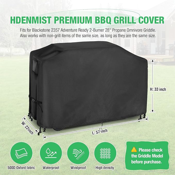 Grill Cover for Blackstone 2357, 28" 2-Burner Propane Griddle | 57 inch Waterproof Outdoor Grill Cover Barbecue Cover for Omnivore Adventure Ready Griddle- 57" L x 22" W x 33" H inch