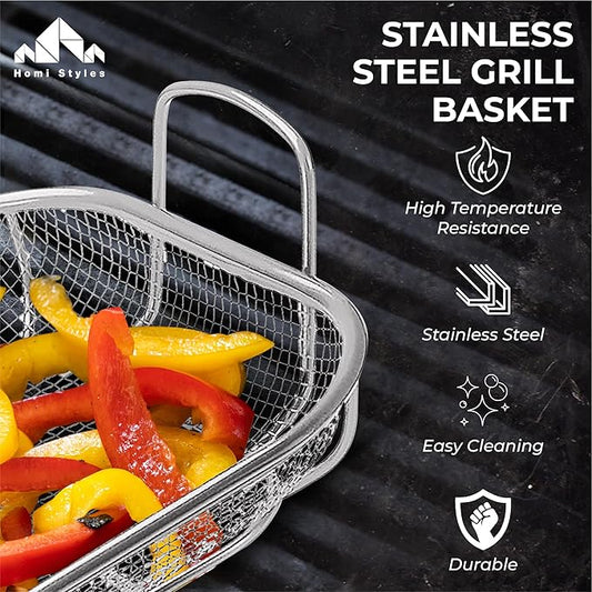 Homi Styes Grill Baskets for Outdoor Grill – 15 x 11-inch Vegetable Grill Basket – Grill Vegetable Basket with Handles – Rustproof Stainless Steel Mesh Veggie Grilling Basket