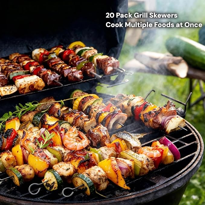 20 PCS 7" Flat Stainless Steel Skewers, BBQ Skewers for Kabobs Potato Nails | Reusable Metal Grill Skewers with Hook Handle & Sharp Tip, Baking Nails for Shish Steak Shrimp Air Fryer Oven