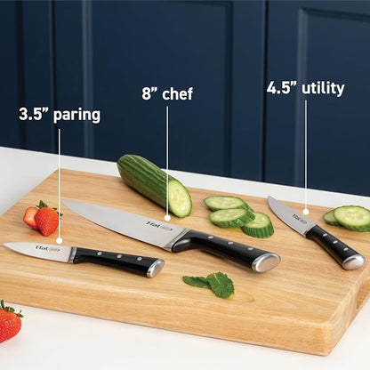 T-Fal Ice Force Kitchen Knife Set, 3-Piece, German Stainless Steel | X50CrMoV15 steel, Ice hardening up to 1800F/-250F, 26-degree cutting edge, Ergonomic finger guard handle, Hand wash only