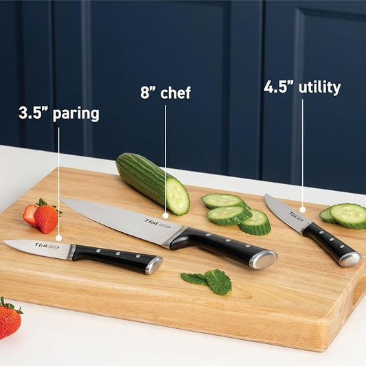 T-Fal Ice Force Kitchen Knife Set, 3-Piece, German Stainless Steel | X50CrMoV15 steel, Ice hardening up to 1800F/-250F, 26-degree cutting edge, Ergonomic finger guard handle, Hand wash only