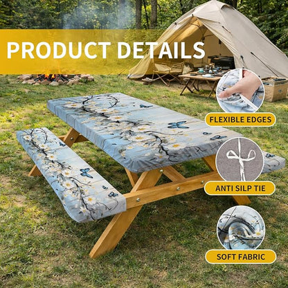 Picnic Table Cover with Bench Covers, 72 X 30 Inch Elastic Fitted Camping Tablecloth with Strap Design for 6FT Rectangle Tables, Windproof Outdoor Tablecloth Set with Storage Bag