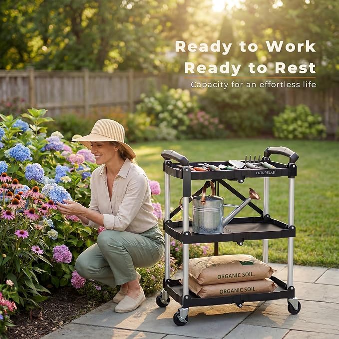 Portable Folding Service Cart - 3 Tier 330LBS Capacity - Rolling Utility Foldable Cart with Wheels for Warehouse Home Workshops Garages Restaurants Offices