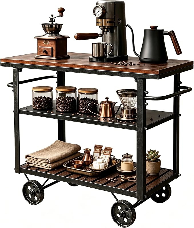 Rolling Bar Cart with Handle [3 Tier] Home Kitchen Microwave Cart Island On Wheels, Mobile Serving Cart Beverage Cart, Coffee Station (Metal/Wood, Industrial Black/Rustic Brown)