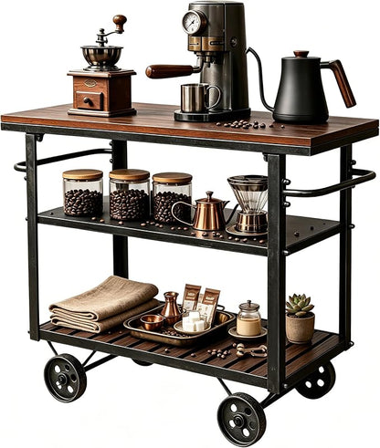Rolling Bar Cart with Handle [3 Tier] Home Kitchen Microwave Cart Island On Wheels, Mobile Serving Cart Beverage Cart, Coffee Station (Metal/Wood, Industrial Black/Rustic Brown)