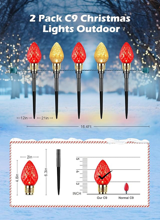 Brightown 2 Pack Strawberry C9 Christmas Pathway Lights Outdoor - Total 34.8 Feet 20 LED Christmas Walkway Lights, Christma LightsOutdoor Decorations for Yard Lawn Holiday Outside, Red & Warm White