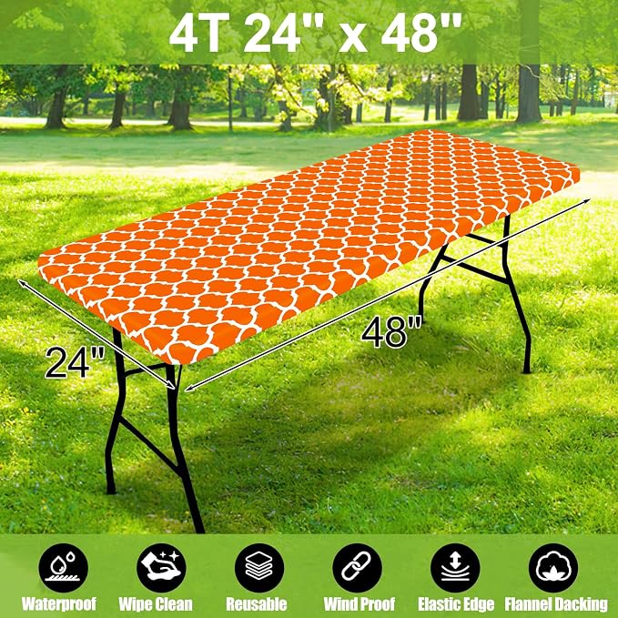 Smiry Picnic Fitted Table Cover, 4 Foot Flannel Backed Vinyl Tablecloth | Waterproof Elastic Stretch Table Cloth, Wipeable Plastic Tablecloth for Camping, Indoor & Outdoor (Orange, 24" x 48")