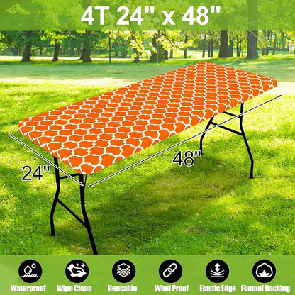 Smiry Picnic Fitted Table Cover, 4 Foot Flannel Backed Vinyl Tablecloth | Waterproof Elastic Stretch Table Cloth, Wipeable Plastic Tablecloth for Camping, Indoor & Outdoor (Orange, 24" x 48")