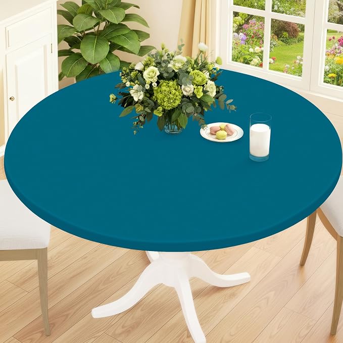 Smiry Round Spandex Tablecloth, Elastic Fitted Washable Tablecloths for 36"-44" Tables, Waterpoof Stretch Picnic Table Cover for Dining, Indoor and Outdoor, Peacock Blue