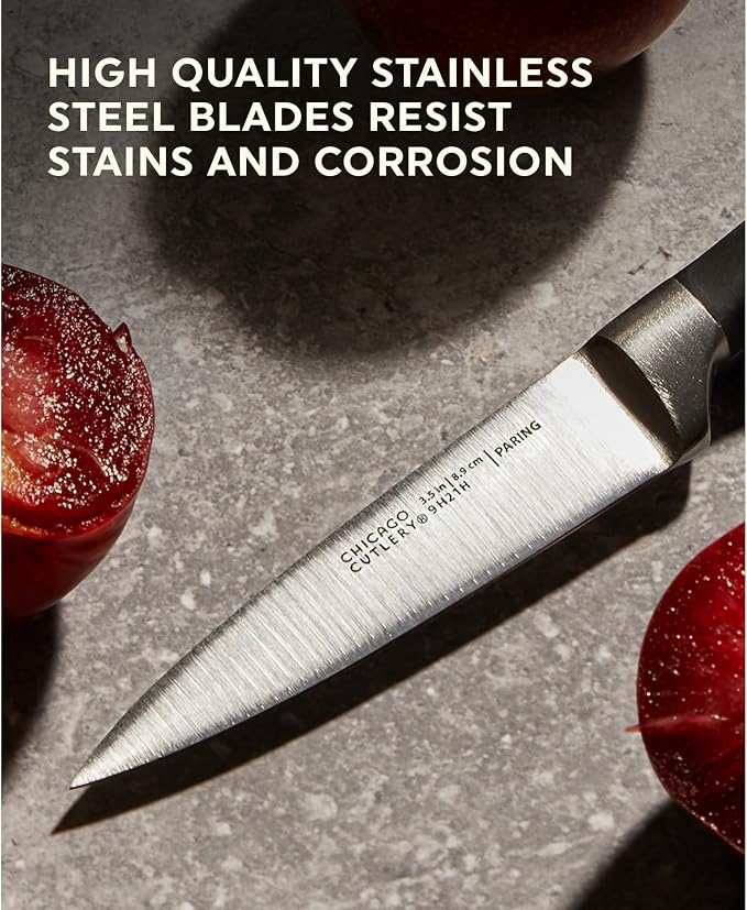 Chicago Cutlery Insignia Triple Rivet Poly (18-PC) Kitchen Knife Block Set With Wooden Block & Built-In Sharpener, Black Ergonomic Handles and Sharp Stainless Steel Professional Chef Knife Set | Black Ergonomic Handles and Sharp Stainless Steel