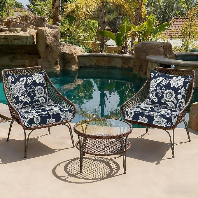 DYTXIII Outdoor Deep Seat Cushion Set, Water Repellent 22"x22" Patio Thick Cushions Replacement with Seat & Back Pillow for Patio Sofa, Wicker Chair, Couch - Vines Navy