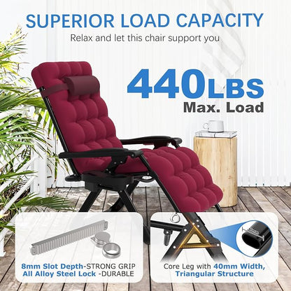 Slendor Zero Gravity Chair, Recliner Lounge Chairs with Cushion, Wine Red | Reclining Lounge Chair, Folding Anti Gravity Chairs w/Upgraded Lock, Removable Upgraded&Headrest, 440lbs, for Indoor Outdoor