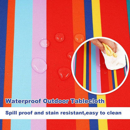 SquarePie Round Outdoor Tablecloth with Umbrella Hole and Zipper Patio Waterproof Table Cloth Cover for Camping Picnic BBQs Backyard,60 Inch Color Stripe
