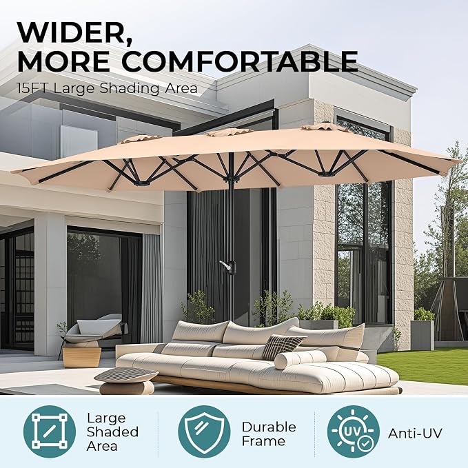15ft Patio Umbrella with Base, 10-Year-No-Fade Large Outdoor Double-Sided Market Umbrella with UPF50+Terylene Polyester Fabric and Crank for Poolside Garden Deck Backyard Beach Pools