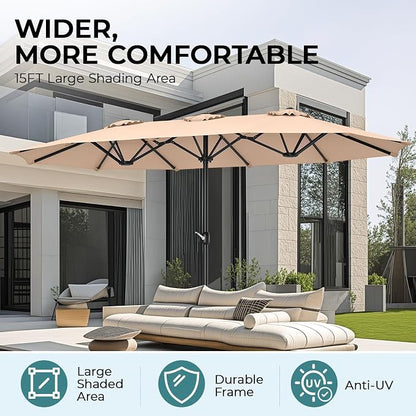 15ft Patio Umbrella with Base, 10-Year-No-Fade Large Outdoor Double-Sided Market Umbrella with UPF50+Terylene Polyester Fabric and Crank for Poolside Garden Deck Backyard Beach Pools
