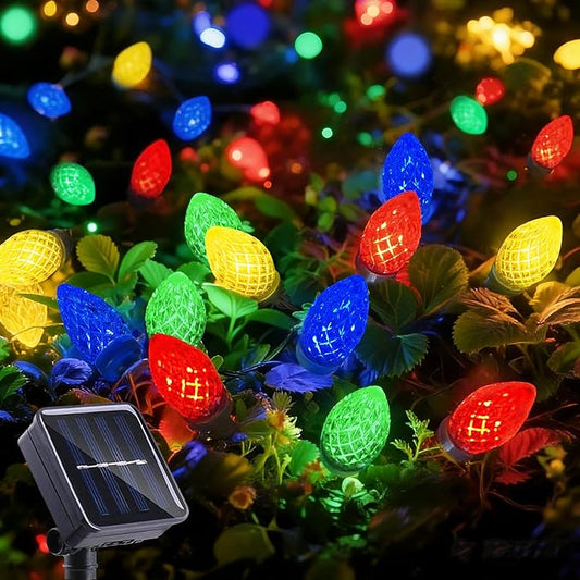 C7 Strawberry Solar String Lights, 31FT 50 LED Ultra Bright Multicolor IP65 Waterproof 8 Modes Green Wire Fairy Lights Auto On/Off for Outdoor Garden Patio Christmas Wedding Party Decor