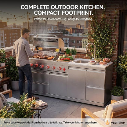 SERA C 4-Burner Propane Modular Outdoor Kitchen Compact Patio | 75,300 BTU, side burner for sauces, pull-out faucet sink storage drawers, 304ss, soft-close, locking caster, balcony backyard