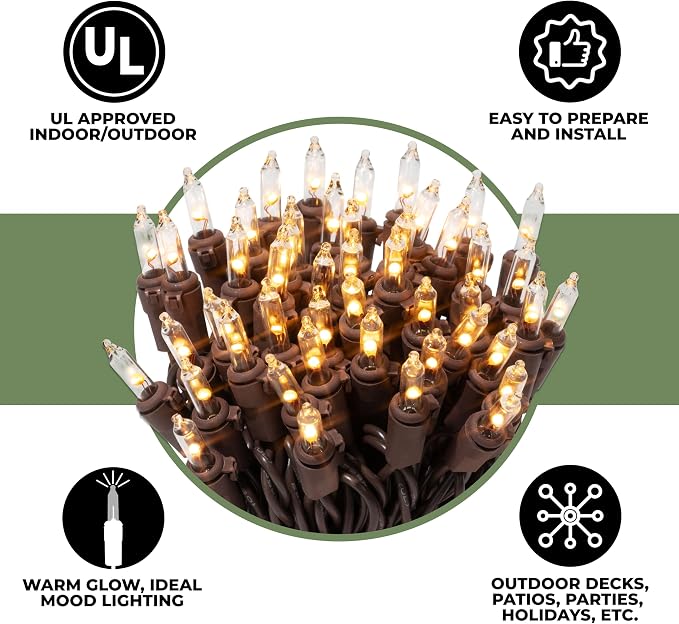 612 Vermont 50 LED Clear Christmas String Lights, Brown Wire Cord | Flicker-Free LED Technology, Warm-White, UL Approved Indoor Outdoor Use, 12.25 Foot Lighted Length, 12.9 Foot Total Length