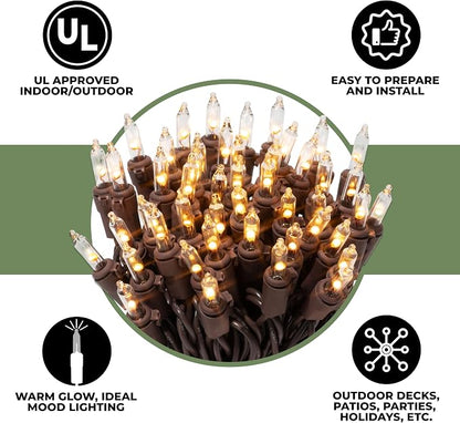 612 Vermont 50 LED Clear Christmas String Lights, Brown Wire Cord | Flicker-Free LED Technology, Warm-White, UL Approved Indoor Outdoor Use, 12.25 Foot Lighted Length, 12.9 Foot Total Length