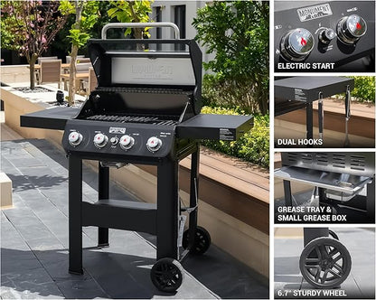 Monument Grills 4-Burner Liquid Propane Gas Grill, Matte Black Stainless Steel Burner Grill with Clearview® Lid and One Foldable Shelf for Outdoor Cooking Kitchen Patio Backyard Barbecue, Mesa420MF