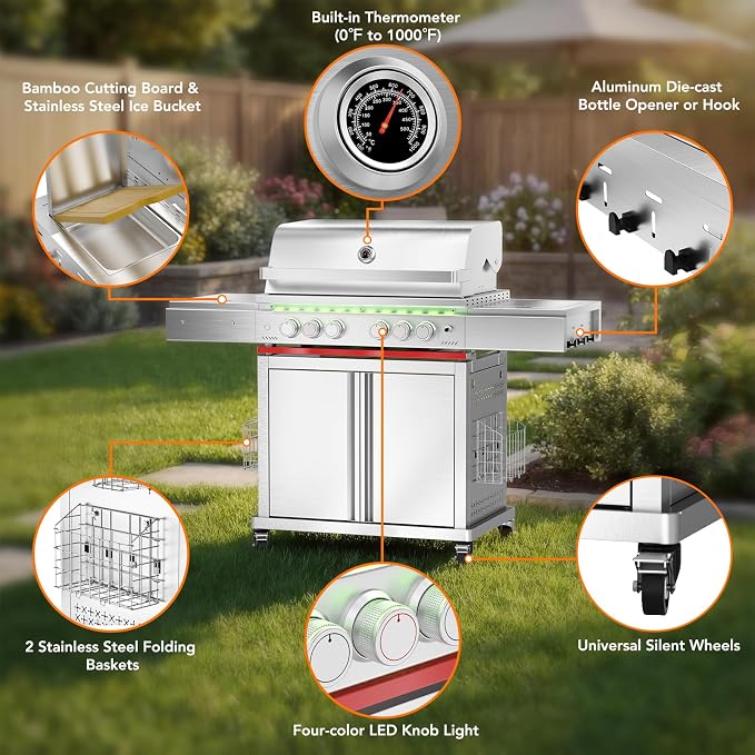 Electactic Heavy-duty Propane Gas Grill, SUS304 Stainless Steel 6-Burner BBQ Grill with 4 Main Burners, 1 Infrared Rear Burner, 1 Side Burner and LED Lights, High Performance Outdoor Grilling