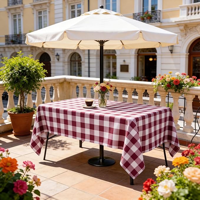 Poise3EHome Rectangle Outdoor Tablecloth with Umbrella Hole and Zipper,Burgundy Checkered 70x52 Inch,SpillProof Washable Table Cloth for Spring Summer Patio Garden Poolside Picnic Camping BBQS