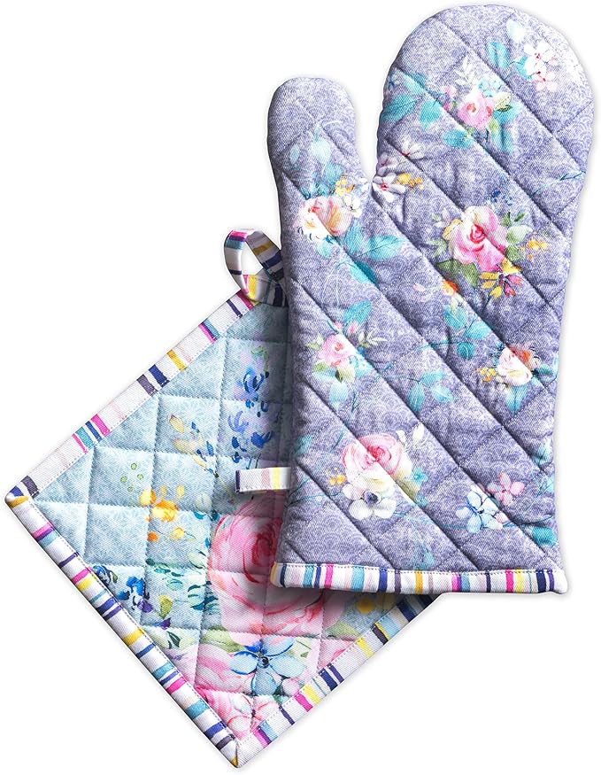 Maison d' Hermine 100% Cotton Oven Mitt & Pot Holder Set (7.5"x13" & 8"x8") Heat Resistant BBQ Cooking Gloves with Loop Grilling Kitchen Hotel Home Farmhouse Spring Summer (Sweet Rose Lavender - Lush)