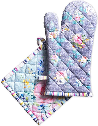 Maison d' Hermine 100% Cotton Oven Mitt & Pot Holder Set (7.5"x13" & 8"x8") Heat Resistant BBQ Cooking Gloves with Loop Grilling Kitchen Hotel Home Farmhouse Spring Summer (Sweet Rose Lavender - Lush)