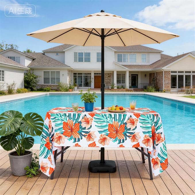 SquarePie Rectangle Outdoor Tablecloth with Umbrella Hole 60x84 inch,Water Resistant SpillProof Patio Zippered Table Cloth for Spring Summer Camping Garden Poolside Picnic BBQS,Palm Leaf Orange Flower